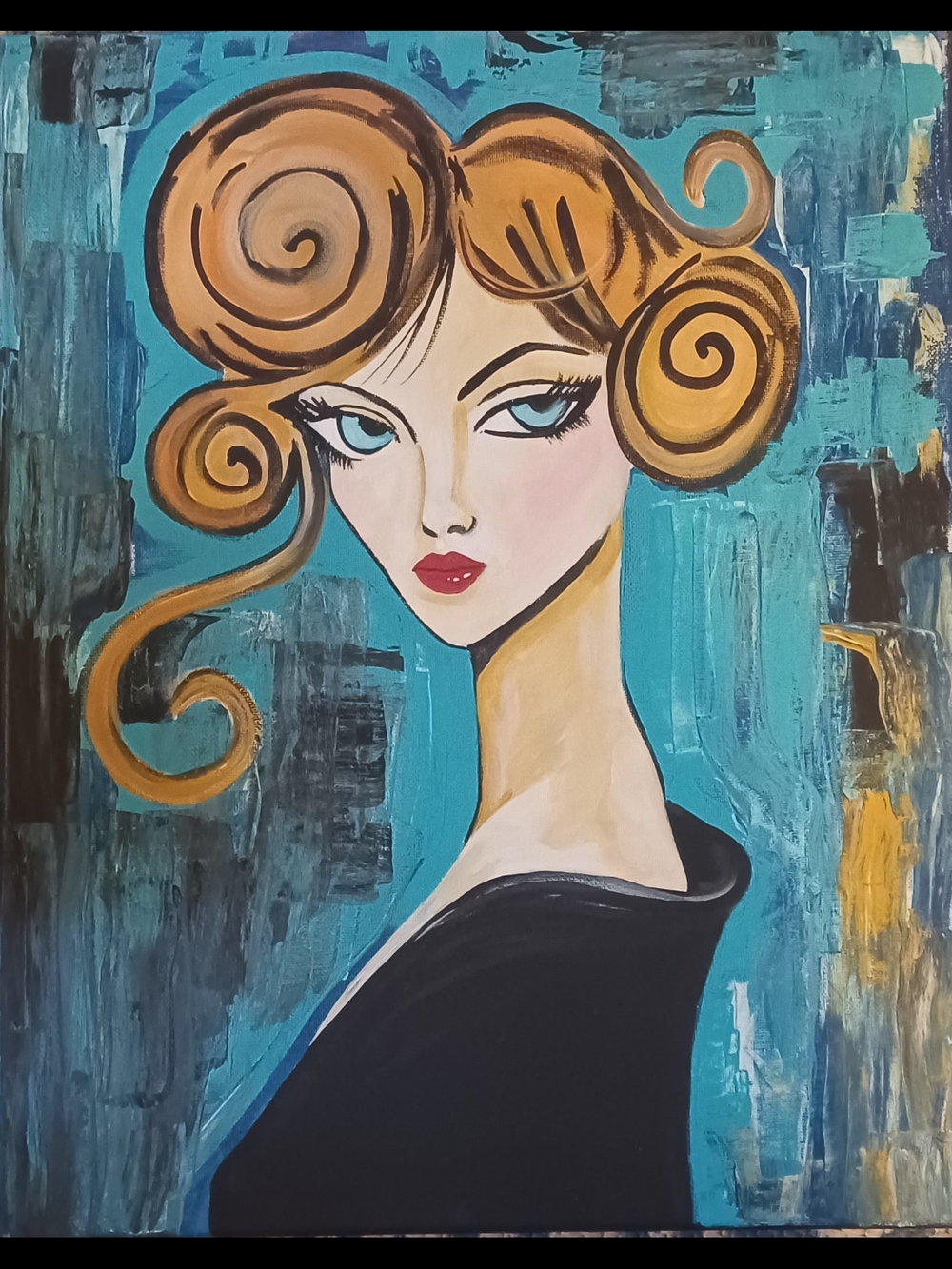 Original Acrylic Turquoise Background Portrait Painting with Gold Hair